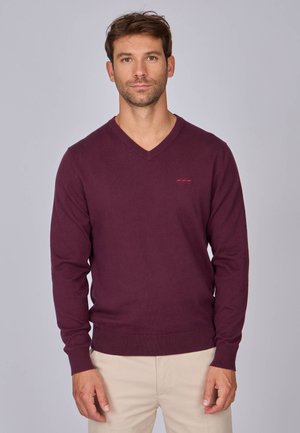 Pull en V marron avec des manches longues, poignets et ourlet côtelés. Présente un logo rouge discret sur la poitrine. Texture en tricot douce.