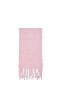 Ró�żowy, prążkowany szalik z frędzlami, wykonany z miękkiego materiału. Posiada lekki, teksturowany wzór w całej powierzchni.