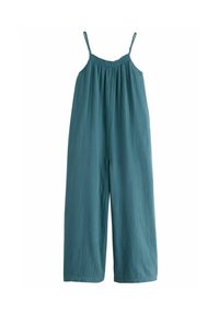 Mono verde azulado con tirantes finos, cuerpo fruncido y diseño de pierna ancha. Fabricado con una tela ligera y texturizada.