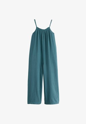 Tealowy kombinezon na ramiączkach z marszczonym fasonem w talii i szerokimi nogawkami. Wykonany z lekkiej, teksturowanej tkaniny.