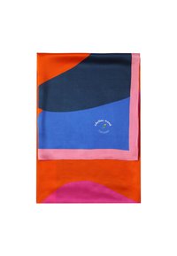 Sciarpa di seta con blocchi di colore audaci: arancione, rosa, blu navy e azzurro, con bordo smerlato e logo stampato nell'angolo inferiore.
