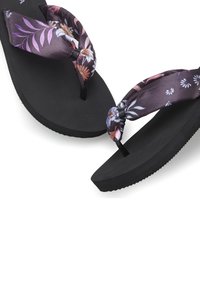 Zwarte flip-flops met een geknoopte stoffen band in bloemenmotief in tinten paars, roze en wit, voorzien van een textuurzool voor grip.