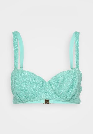 Menta zöld gyöngyökkel díszített melltartó, texturált felülettel, állítható pántokkal és fém kapoccsal az elülső részen.