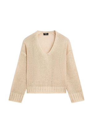 Maglione beige a maglia con scollo a V, maniche lunghe e orlo a costine. La texture è a maglia aperta, offrendo un aspetto leggero.