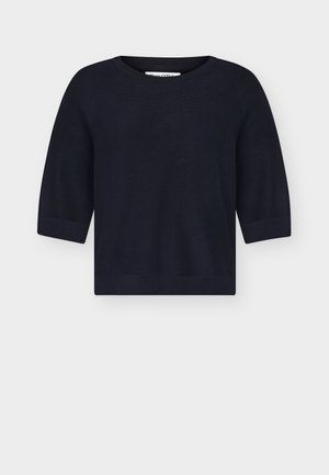 Maglione blu navy in maglia con maniche fino al gomito, scollo rotondo e polsini e orlo a coste.