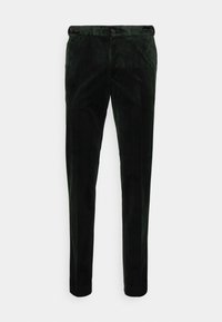 Pantaloni in velluto verde scuro con una texture liscia, caratterizzati da un taglio dritto, due tasche anteriori e due chiusure a bottone in vita.