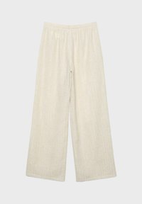 Krémovobiele široké nohavice s elastickým pásom a jemným vertikálnym textúrovaným vzorom na látke.