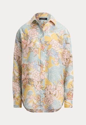 Πουκάμισο με κουμπιά και μακριά μανίκια, με παστέλ λουλουδάτο μοτίβο σε ροζ, μπλε και κίτρινο σε ανοιχτό μπλε φόντο.