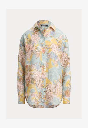 Chemise à manches longues avec boutons, motif floral pastel en rose, bleu et jaune sur fond bleu clair.