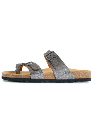 Metallic gray sandal with two adjustable buckled straps, a cork footbed, and a black textured sole.