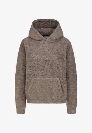 Fleece hooded sweatshirt in taupe with a textured surface, front pocket, and embossed 'simple today' logo across the chest.