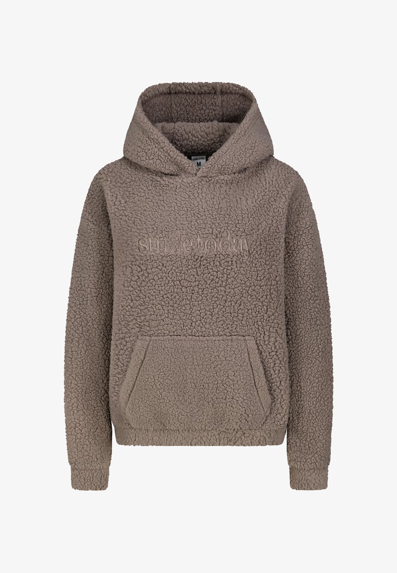 Fleece hooded sweatshirt in taupe met een gestructureerd oppervlak, een voorzak en het gegoten 'simple today' logo over de borst.