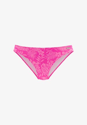 Parte inferiore di bikini rosa con motivo floreale caratterizzato da foglie e fiori rosa chiaro. Texture liscia, vita elastica e bordi cuciti.