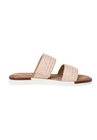 Woven beige sandals with two wide straps, smooth inner lining, and a white sole. Features a textured, braided design and a low heel.