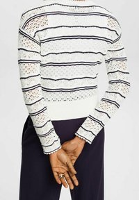 Pull en tricot blanc avec des rayures horizontales bleu marine, présentant un motif en dentelle et un ourlet côtelé. Le dos révèle un design court avec des manches longues.