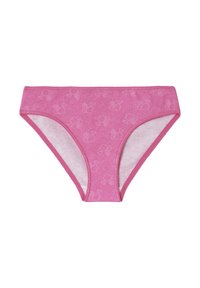 Rosa Baumwollbikini-Höschen mit einem dezenten Muster, glatter Textur und kontrastierendem rosa Besatz an den Kanten.