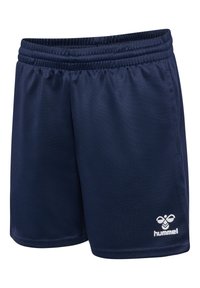 Marinblå träningsshorts i slät, lättviktsmaterial. Elastisk midja, sidofickor och en liten vit logotyp på den nedre framsidan.