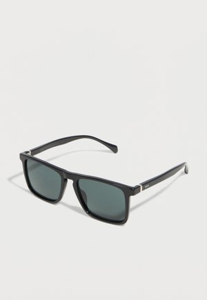 Black rectangular sunglasses with dark tinted lenses and thin arms, branded with "BOSS" on the temple.