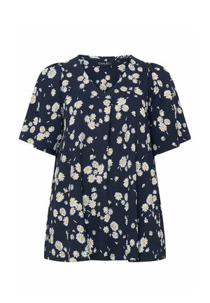 Marineblauwe blouse met witte en gele madeliefjesprint, korte mouwen, V-hals en losse pasvorm.