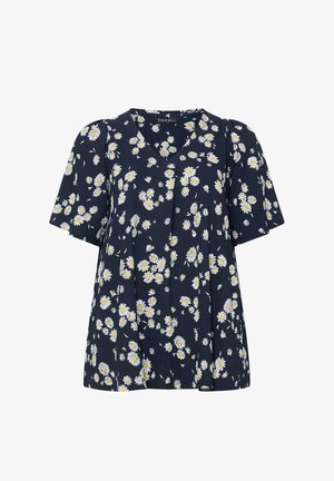 Blusa blu navy con stampa di margherite bianche e gialle, maniche corte, scollo a V e vestibilità ampia.