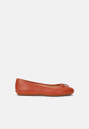 Orange leather ballet flat with a rounded toe, decorative bow on the front, textured surface, and small textured accents on the heel.