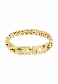 Pulsera de cadena en tono dorado con grandes eslabones entrelazados y un cierre rectangular grabado con "Joop!" y un logo de sol.