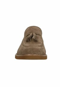 Brown suede loafer with a smooth texture, featuring decorative tassels on the vamp and a contrasting rubber sole.