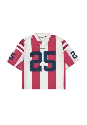 Rot-weiß gestreiftes Kurzarmtrikot mit blauer Nummer "25", Meshstoff, V-Ausschnitt und kontrastierenden Schulterstreifen.