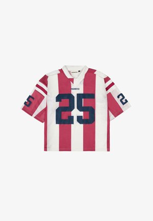 Rood-wit gestreepte T-shirt met korte mouwen, blauwe nummer "25", mesh stof, V-hals en contrasterende schouderstrepen.