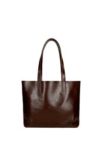 Hnědá kožená taška přes rameno s hladkým, lesklým povrchem, dvěma dlouhými uchy a otevřeným designem nahoře, s minimem švů.