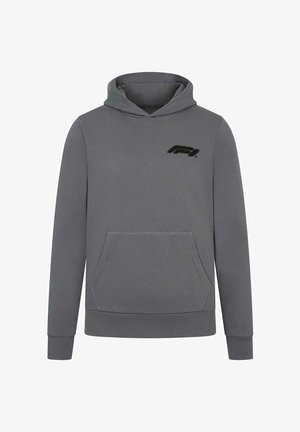 Szara bluza z kapturem wykonana z miękkiego materiału, z kieszenią kangurzą z przodu, ribbowanymi mankietami i dołem oraz czarnym haftowanym logiem "F1" na klatce piersiowej.