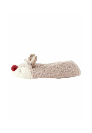 Pantofole a tema renna in morbido beige e crema, con un naso rosso, occhi ricamati e sottili dettagli delle corna sulla tomaia.