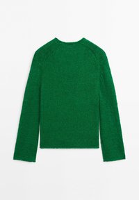 Green knitted long-sleeve sweater with a round neckline, shown flat from the back on a white background.