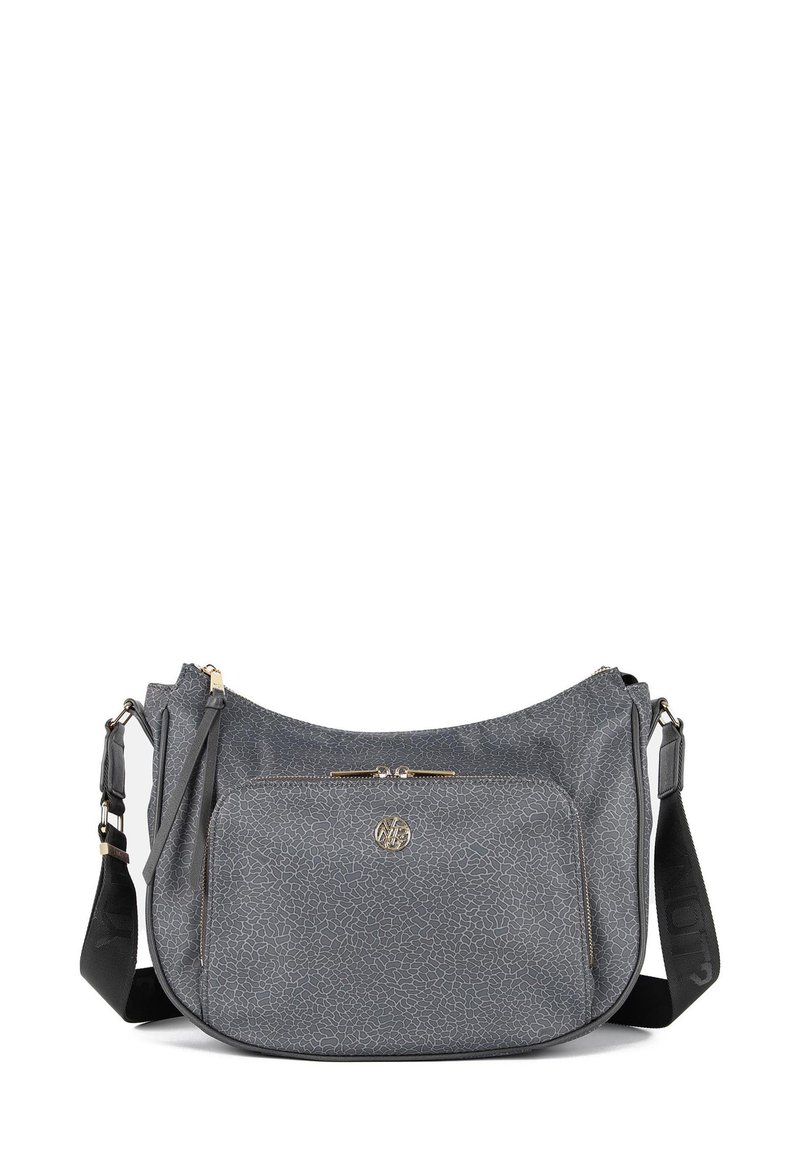 Borsa a spalla sintetica grigia con motivo testurizzato, hardware dorato, una tasca con zip e tracolla regolabile con dettaglio del logo.