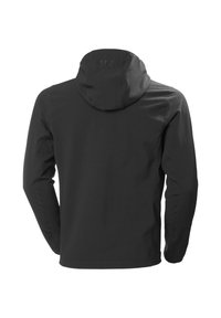 Chaqueta impermeable negra hecha de tejido texturizado con capucha ajustada y mangas largas. Presenta un sutil logotipo en la parte posterior.