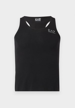 Zwart mouwloos racerback tanktop met witte EA7 Emporio Armani-logo op de borst en binnenetiket bij de hals.