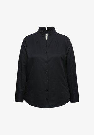 Black collared shirt with long sleeves, featuring a front button closure and a keyhole design at the neckline. Smooth fabric texture.