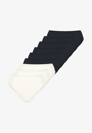 Neun Baumwollmischung-Slips, sieben in Schwarz und zwei in Weiß. Sie verfügen über eine glatte Textur und ein klassisches Slip-Design mit breiten elastischen Bündchen am Bund.