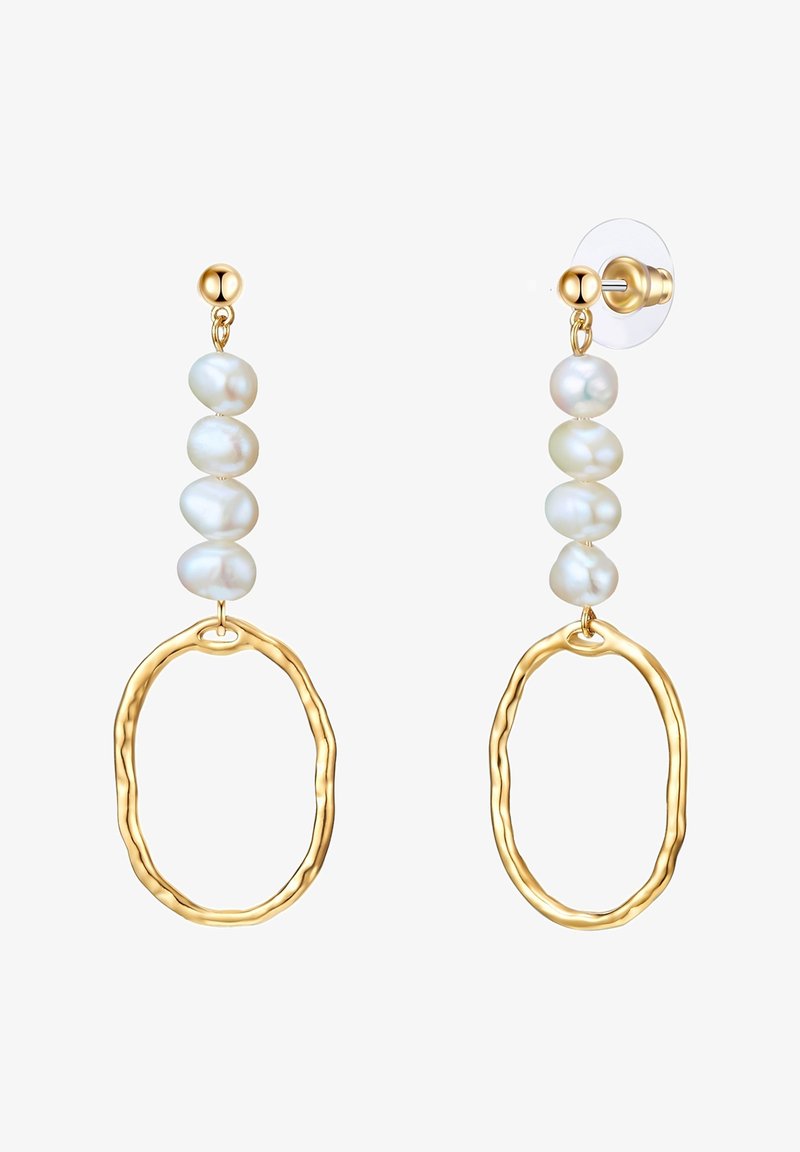 Zlato obarvani uhani z dvema nepravilnima sladkovodnima biseri nad teksturiranim ovalnim obročem ponujajo kombinacijo sijaja in organskih oblik.