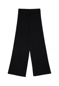 Juodos, plačios kojos kelnės, pagamintos iš minkštos, tekstūruotos medžiagos. Yra elastinė juosmens juosta su raišteliu. Paprastas, minimalistinis dizainas.