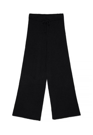 Črne hlače širokih nogavic iz mehkega, teksturiranega materiala. Imajo elastičen pas z vrvico za zategovanje. Preprost, minimalističen dizajn.