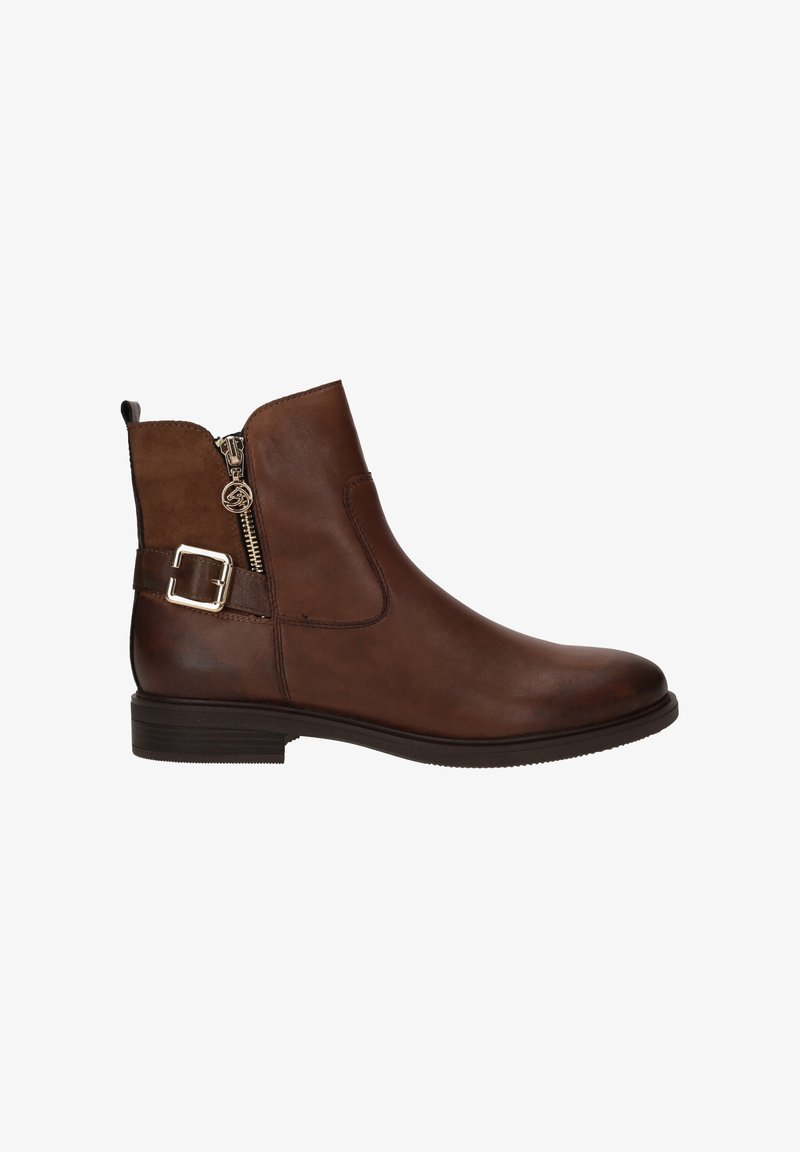 Braune Leder-Stiefelette mit einem seitlichen Reißverschluss, einer dekorativen Schnalle und glatter Oberfläche sowie einem niedrigen Absatz.