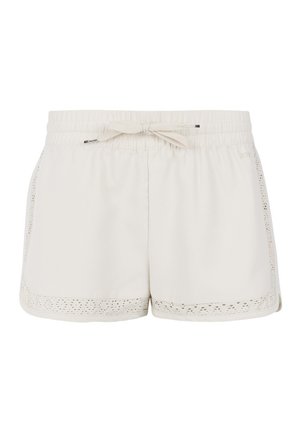 Helle beige Shorts mit einem elastischen Bund und einer Schleife. Mit einer Spitzenbordüre entlang dem Saum und den Seiten, aus einem weichen, atmungsaktiven Stoff gefertigt.