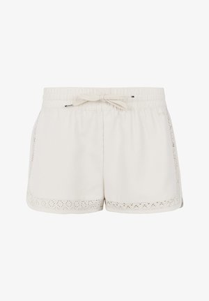 Helle beige Shorts mit einem elastischen Bund und einer Schleife. Mit einer Spitzenbordüre entlang dem Saum und den Seiten, aus einem weichen, atmungsaktiven Stoff gefertigt.