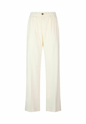 Pantaloni larghi realizzati in tessuto leggero color crema; presentano una vita elasticizzata e un singolo bottone frontale. Texture liscia, senza motivi visibili.