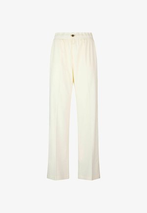 Pantaloni larghi realizzati in tessuto leggero color crema; presentano una vita elasticizzata e un singolo bottone frontale. Texture liscia, senza motivi visibili.