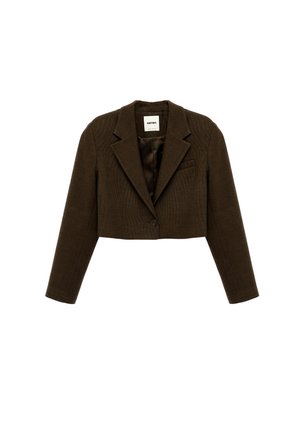 Krótka, ciemnobrązowa marynarka z długimi rękawami, zapięciem na jeden guzik z przodu, klapami z wycięciem i satynową podszewką wewnętrzną.