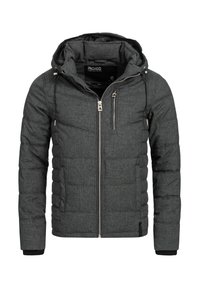 Gray puffer jacket featuring a hood, zippered front, two side pockets, and a chest pocket with detailed stitching. Textured fabric.