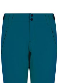 Teal spalvos elastiniai audinio kelnių, turinčių užtrauktuką ir du juodus mygtukus, kampinės priekinių kišenių ir lygaus paviršiaus.