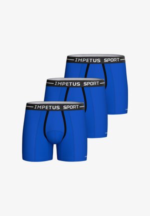 Blauwe boxershorts van rekbare stof, met een zwarte elastische tailleband waarop "IMPETUS SPORT" in het wit is gedrukt. Drie paar inbegrepen.